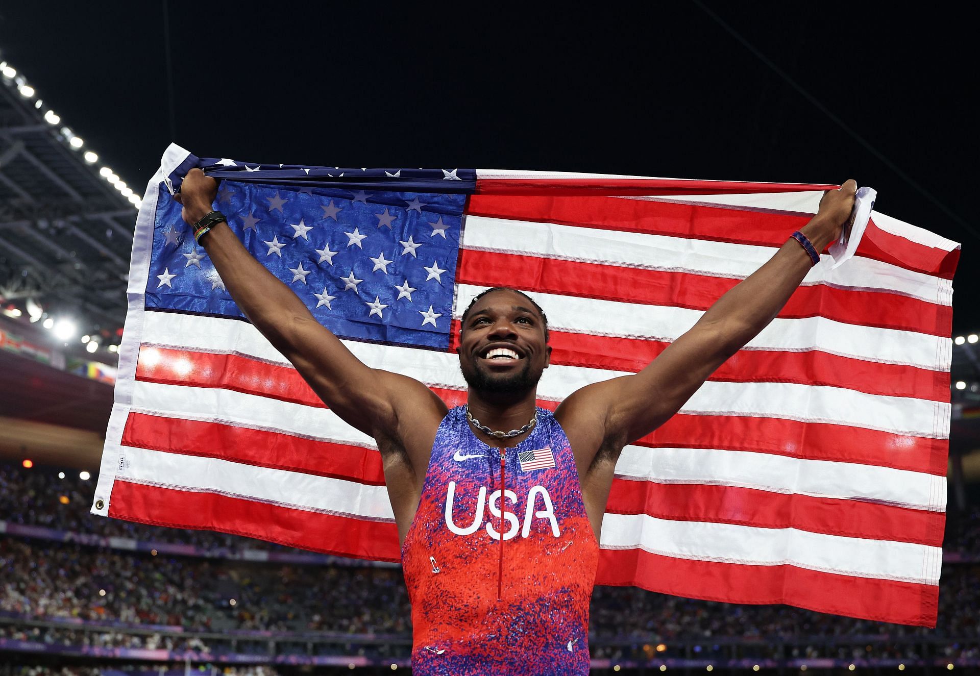 Noah Lyles celebrates at the Olympic Games in Paris 2024: Day 9 - Source: Getty